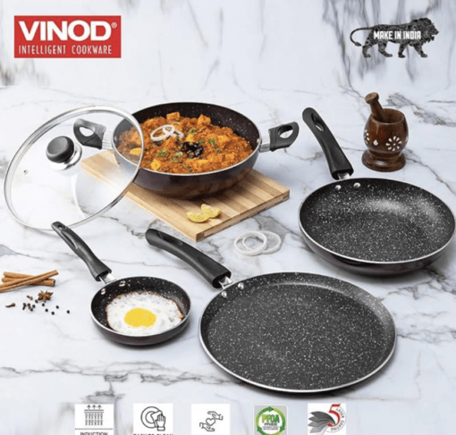 Vinod Supreme Aluminium Non Stick Cookware Set of 4 | 2ltr kadai, 28cm Dosa Tawa, 14cm and 22cm Frypan | 3mm Thick, 5 Layer Coating | Induction Base - 2 Year Warranty - Image 2